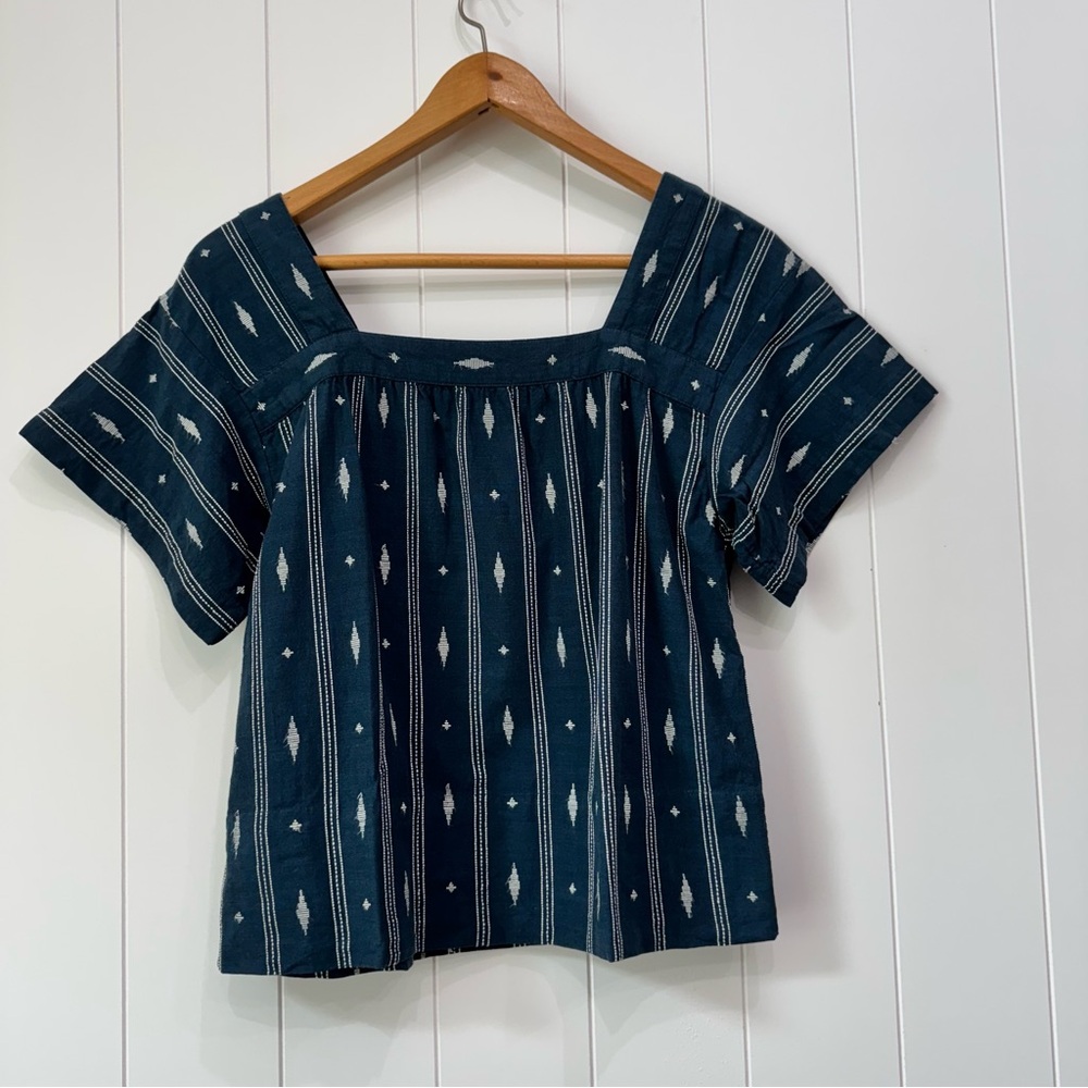 Madewell Square Neck Short Sleeve Cotton Blend Top in Jacquard Blue White XS
